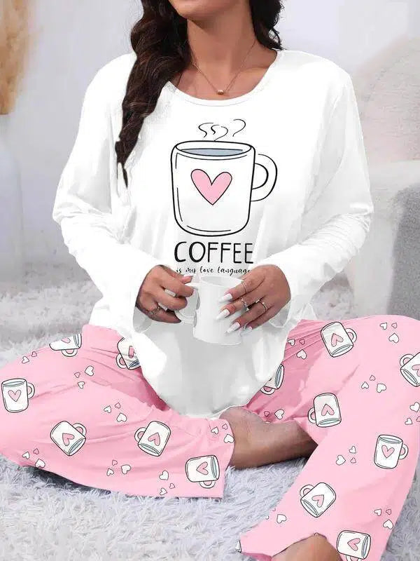 Plus Size Heart Coffee Letter Print Comfortable 2-Piece Pajama Set, Long Sleeve Top & Pants, Casual Fitted Sleepwear for All Seasons