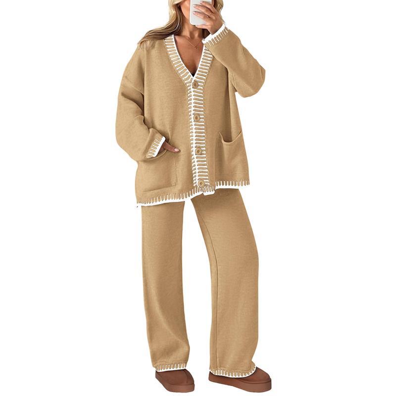 Women's 2 Piece Set Winter Knit Outfits Matching Loungewear Long Sleeve V Neck Cardigan Sweaters Wide Leg Pants Tracksuits