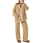 Women's 2 Piece Set Winter Knit Outfits Matching Loungewear Long Sleeve V Neck Cardigan Sweaters Wide Leg Pants Tracksuits