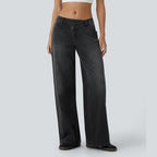 Asymmetric Low Rise Zipper Pockets Baggy Wide Leg Washed Casual Jeans