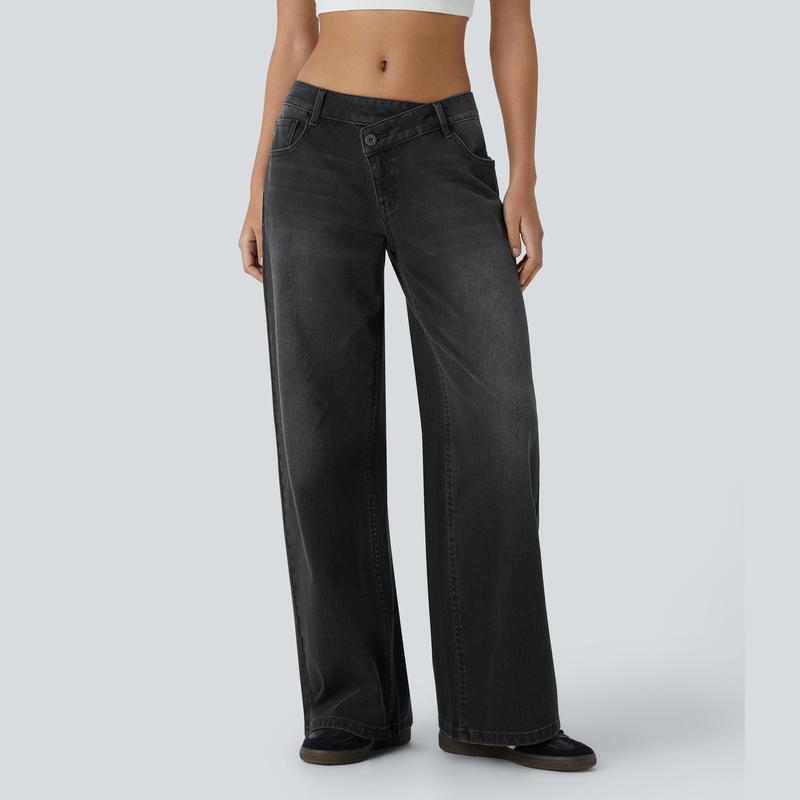 Asymmetric Low Rise Zipper Pockets Baggy Wide Leg Washed Casual Jeans