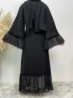 Arabic Clothing- Contrast Lace Belted Abaya without Hijabs, Summer Outfits, Arabic Fashion Long Sleeve Flounce Sleeve Dress, Modest Abaya Clothing for Women, Islamic Abaya