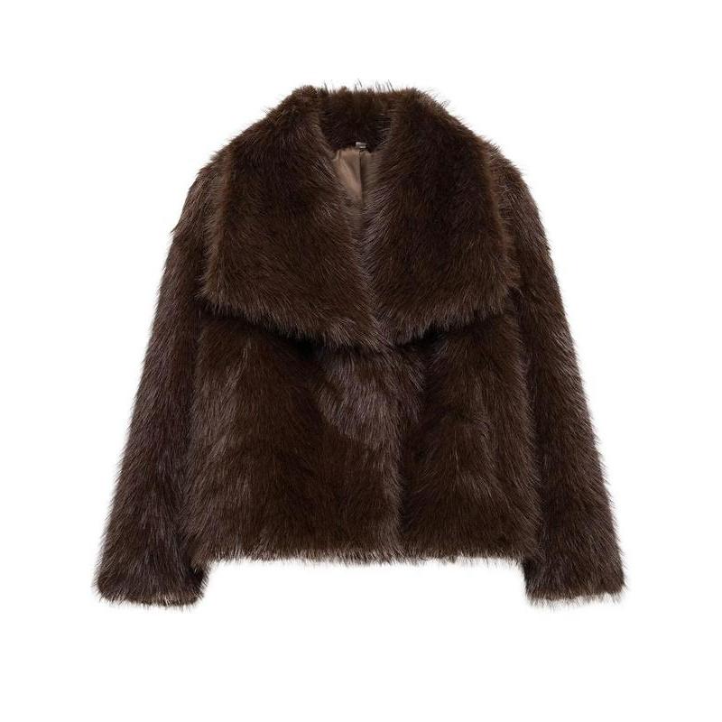 Women's Solid Color Faux Fur Fuzzy Jacket, Casual Long Sleeve Collared Fuzzy Coat for Fall & Winter, Women's Clothing for Daily Wear, Cute Tops