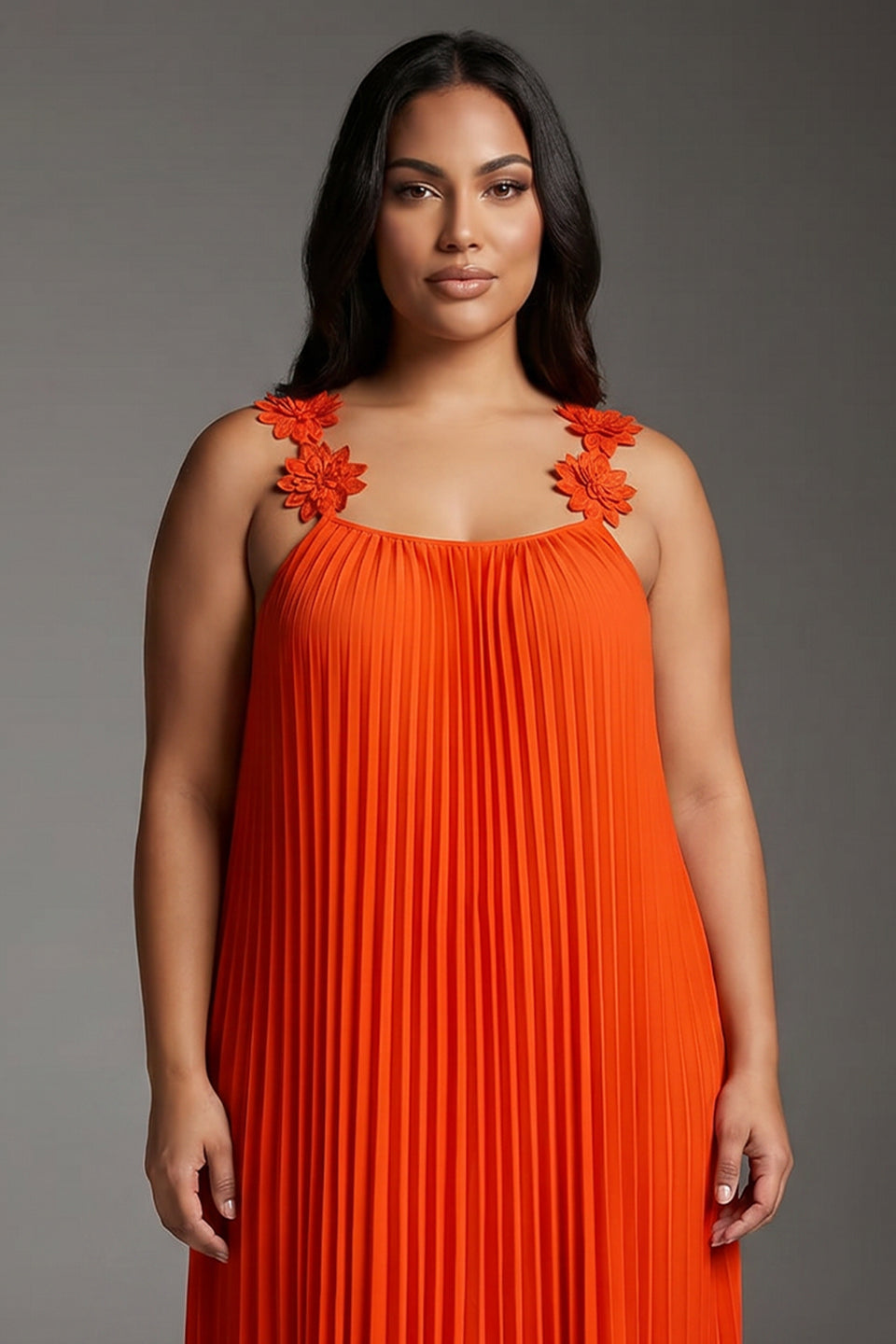 Curveins Plus Size Halter Neck Spaghetti Strap Floral Backless Pleated Maxi Dress