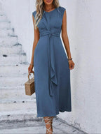 Women's Sleeveless Round Neck Plain Dress, Slimming Front Design, Waist Cinched A-Line, Perfect for Casual Commuting