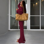 Women's Solid Asymmetrical Neck Top & Flare Leg Pants Set, Casual Drop Shoulder Long Sleeve Top & Trousers, Women's Fall & Winter Clothes for Daily Wear