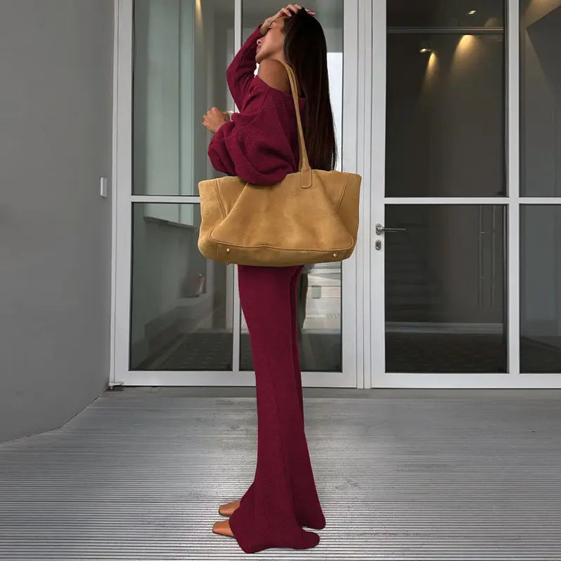 Women's Solid Asymmetrical Neck Top & Flare Leg Pants Set, Casual Drop Shoulder Long Sleeve Top & Trousers, Women's Fall & Winter Clothes for Daily Wear