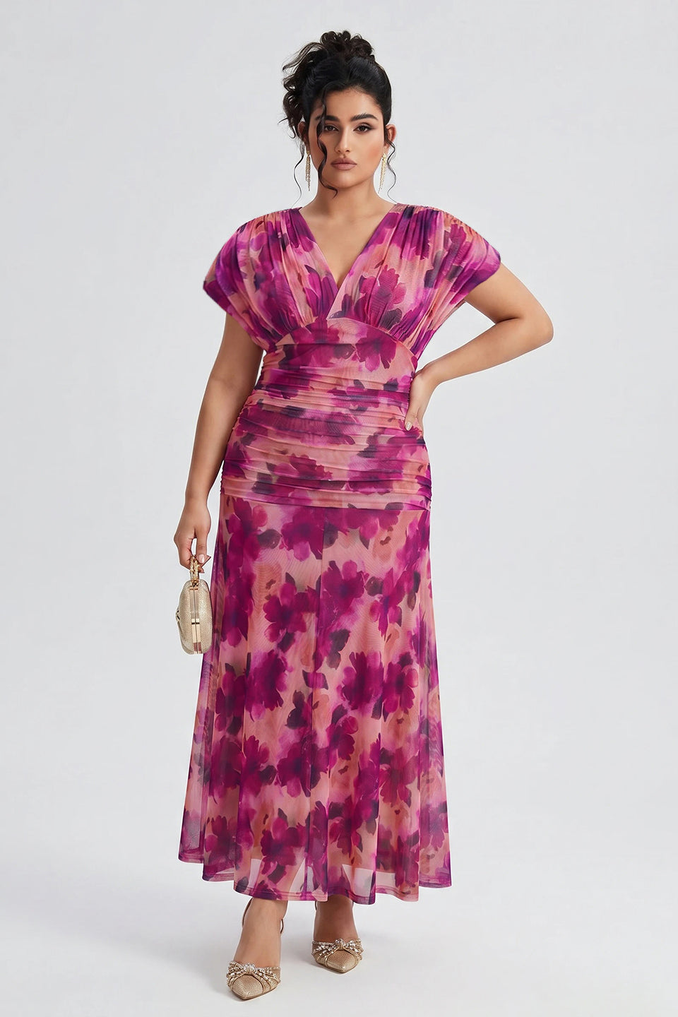 Curveins Plus Size V Neck Batwing Sleeve Cinched Waist Maxi Dress