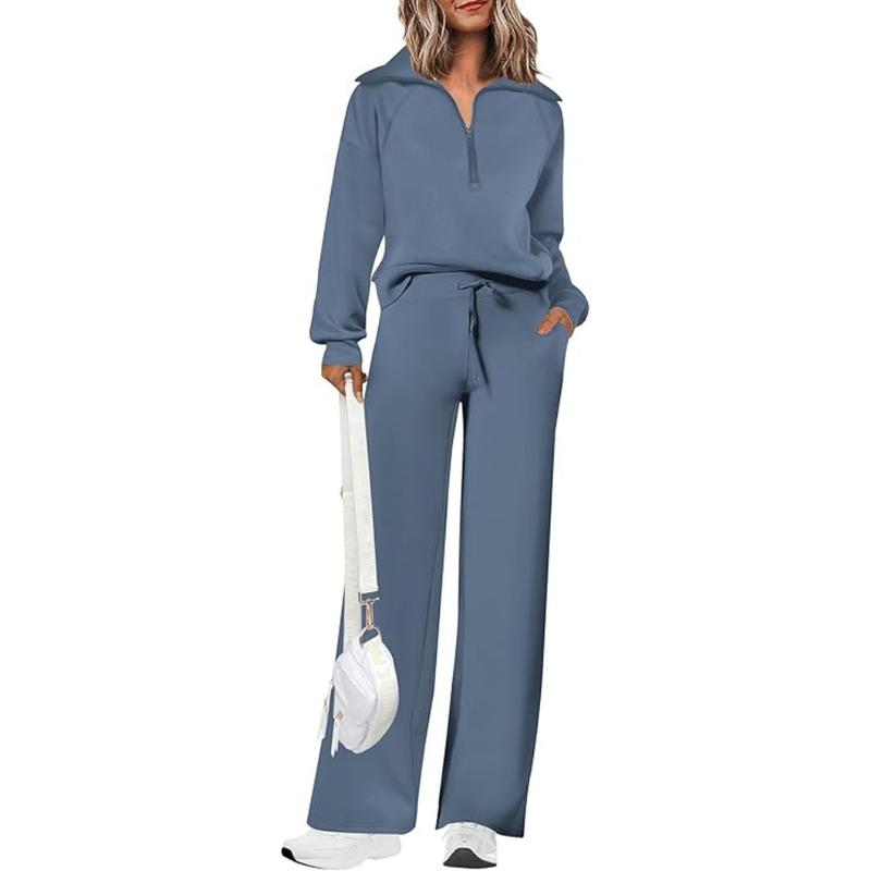 Women's Casual 2-Piece Sweatsuit Set - Half Zip Pullover Sweatshirt & Wide Leg Pants with Drawstring - Matching Tops & Sweatpants for Comfort
