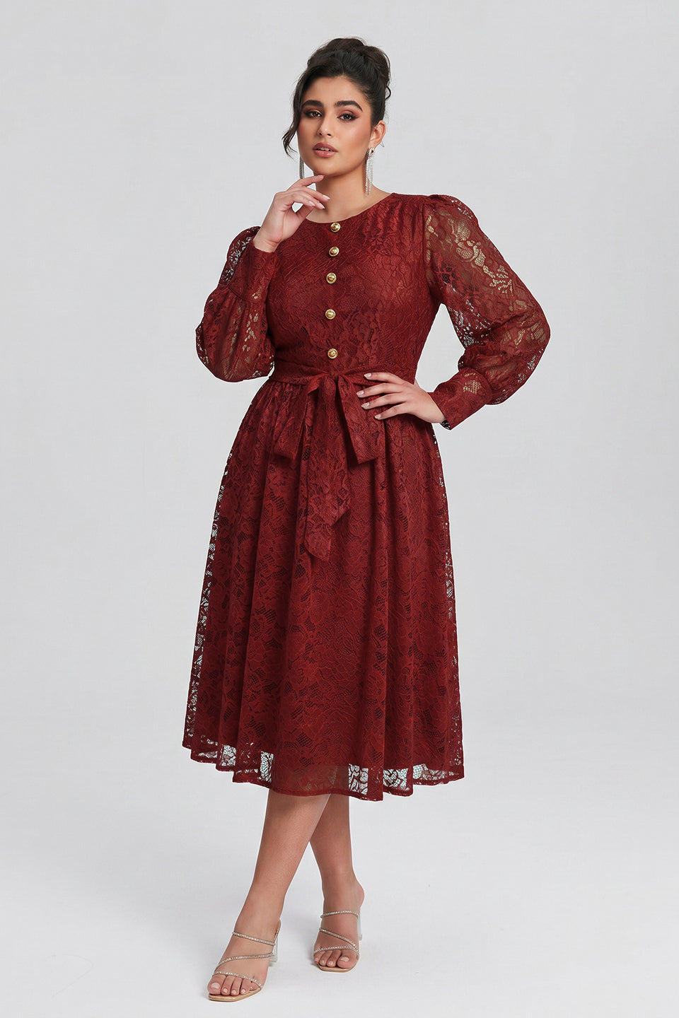 Curveins Plus Size Round Neck Lace Detail Puff Sleeve A-Line Midi Dress